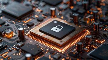 Close-up of a microchip with a lock symbol, symbolizing cybersecurity and technology. photo