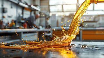 A close-up of golden liquid splashing on a surface in a kitchen setting. photo