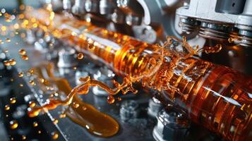 Close-up of an industrial machine with orange fluid splashing, showcasing mechanical components. photo