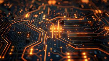 A close-up view of a circuit board with glowing connections and intricate patterns. photo