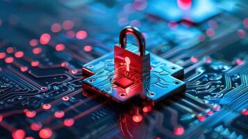 A digital padlock on a circuit board, symbolizing cybersecurity and data protection. photo