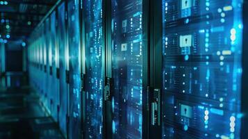A view of a modern data center with illuminated server racks. photo