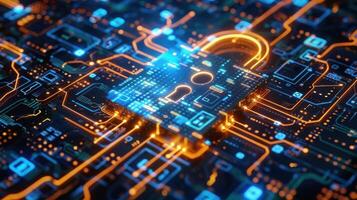A digital lock symbol on a circuit board, representing cybersecurity and data protection. photo