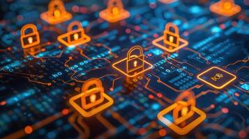 Digital illustration of security locks on a network, symbolizing cybersecurity and data protection. photo