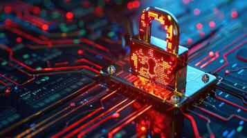A digital lock on a circuit board, symbolizing cybersecurity and data protection. photo