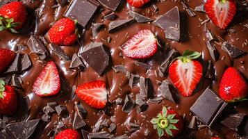 Delicious strawberries and dark chocolate pieces arranged artfully on a rich chocolate background. photo