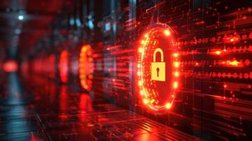 A digital representation of cybersecurity with a glowing padlock symbolizing protection. photo