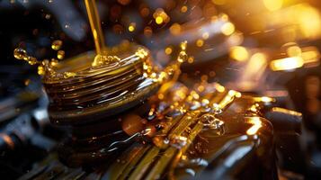 Close-up of engine oil pouring into a vehicle's engine, showcasing fluid dynamics and mechanics. photo