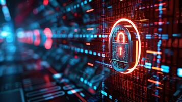 Digital lock symbolizing cybersecurity amidst a futuristic data environment. photo