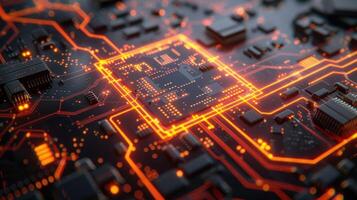 A close-up view of a circuit board with glowing elements, representing technology and innovation. photo