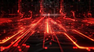 A digital landscape featuring glowing red circuit lines and particles. photo