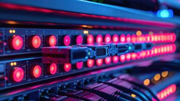 A close-up of server racks with illuminated components in a data center. photo