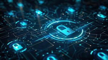 A digital representation of cybersecurity with locks and circuits. photo