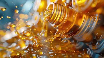 A dynamic splash of golden liquid pouring from a bottle, creating a vibrant visual effect. photo