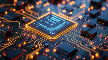Close-up of a computer microchip with glowing circuits and connections. photo