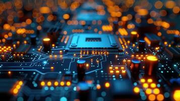 Close-up of a circuit board with glowing components, illustrating technology and innovation. photo