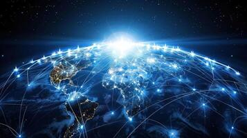 A digital representation of Earth interconnected by networks of light, symbolizing global connectivity. photo