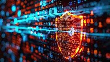 A digital shield symbolizing cybersecurity amidst flowing data streams. photo