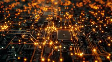 A close-up of a circuit board with glowing connections, symbolizing technology and innovation. photo