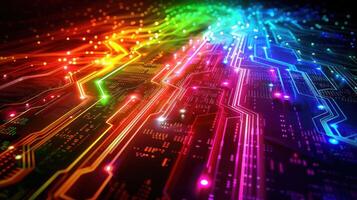 A vibrant, abstract representation of a circuit board with colorful light trails. photo
