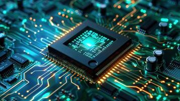 Close-up of a microprocessor on a circuit board, showcasing intricate electronic design. photo