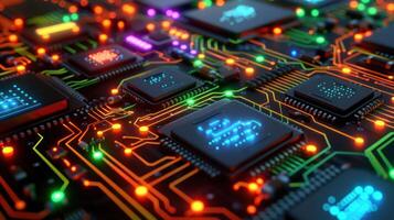 A close-up view of a vibrant circuit board with microchips and glowing lights. photo