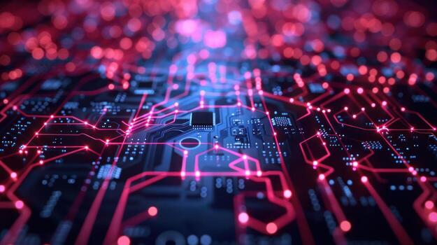 Abstract representation of a circuit board with glowing lines and nodes. photo