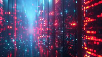 A digital corridor illuminated by vibrant red and blue lights, suggesting data flow and technology. photo