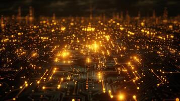 A digital landscape featuring glowing circuits and data patterns. photo