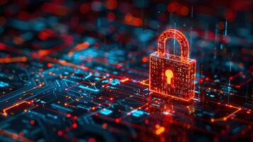 Digital padlock on a circuit board, symbolizing cybersecurity and data protection. photo