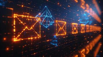Digital representation of email communication with glowing icons and a futuristic background. photo