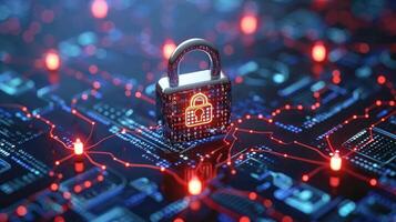 A digital padlock on a circuit board background, symbolizing cybersecurity and protection. photo