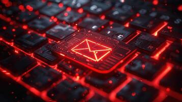 A glowing red email icon on a dark keyboard, symbolizing digital communication. photo