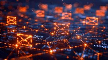 A digital network visual featuring glowing email icons and interconnected nodes. photo