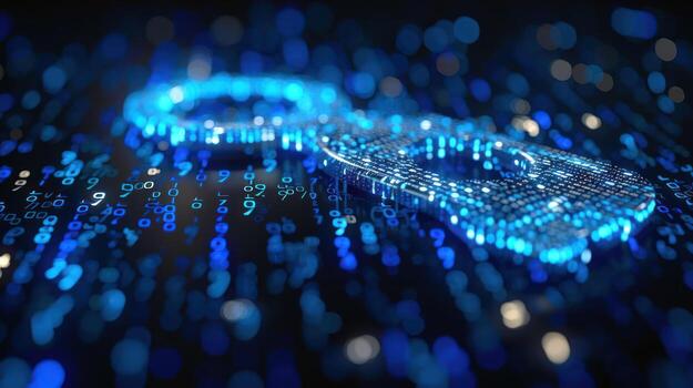 A digital lock symbol composed of glowing blue binary code and particles, representing cybersecurity. photo
