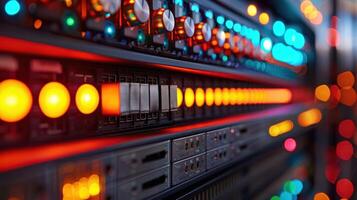 A close-up of illuminated server equipment showcasing various buttons and indicators. photo