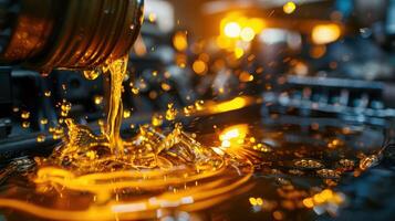 Viscous liquid pouring, creating splashes in a metallic environment with warm lighting. photo