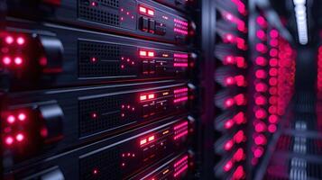 A close-up view of server racks with illuminated indicators in a data center. photo
