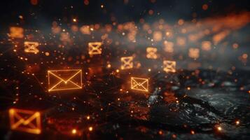 Abstract representation of digital communication with glowing email icons and network connections. photo