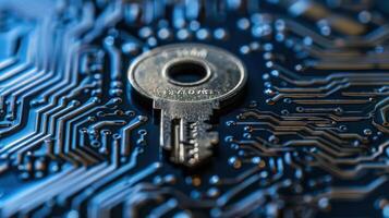 A key rests on a circuit board, symbolizing security and technology integration. photo