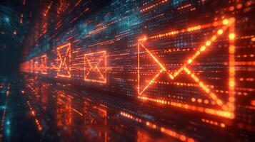 A digital representation of email communication with glowing envelopes in a data stream. photo