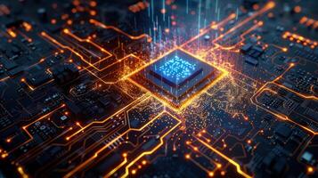 A close-up view of a computer chip with glowing circuits and data streams. photo