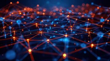 Abstract digital network with glowing nodes and connections in blue and orange hues. photo