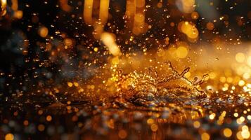 A close-up of water splashing with golden bokeh, creating a dynamic and vibrant scene. photo