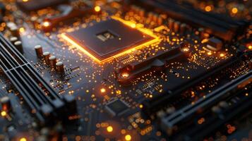 A close-up view of a circuit board with glowing components, illustrating technology and design. photo