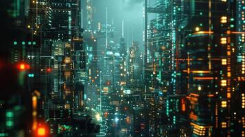 Futuristic cityscape illuminated by vibrant lights and towering structures. photo