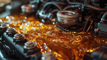 Close-up of an engine with glistening oil, showcasing mechanical components and fluid dynamics. photo