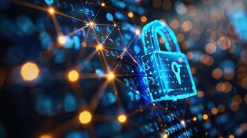 A digital lock symbol over a network of data, representing cybersecurity and data protection. photo