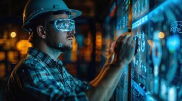 A worker in a hard hat and goggles interacts with a digital interface in an industrial setting. photo