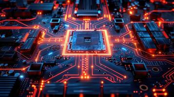 A close-up of a circuit board with glowing connections and a central processor. photo